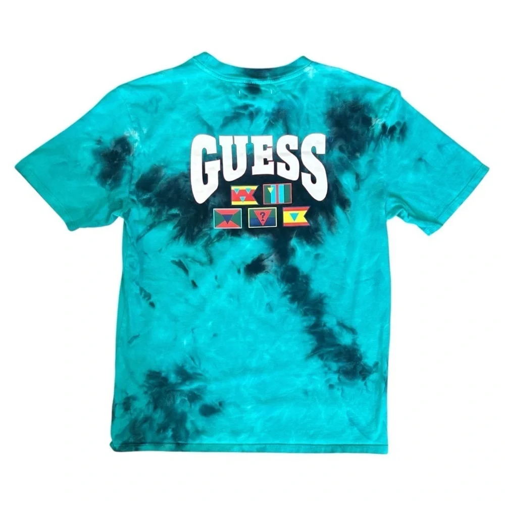 GUESS Originals Tie-Dye Short Sleeve Flag Graphic Tee in Blue Men’s XS - Picture 2 of 5